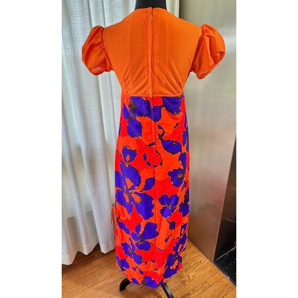 Vintage 70s maxi dress, orange bodice, empire waist, puff short sleeves - Picture 6 of 9
